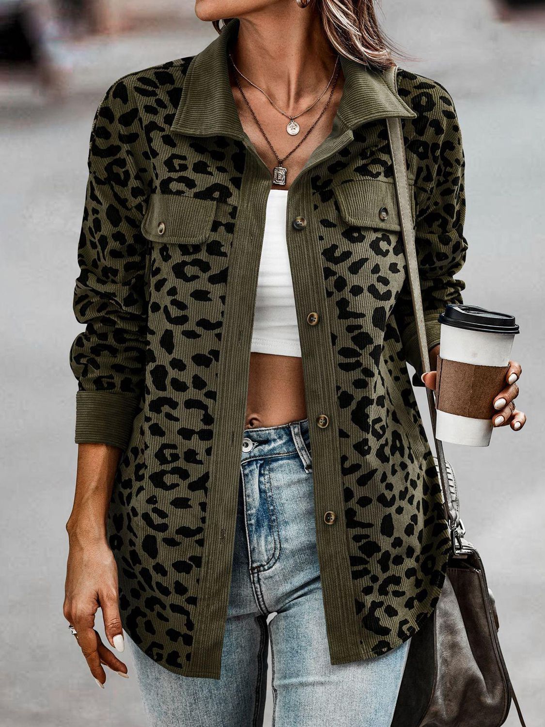 Full Size Leopard Buttoned Jacket