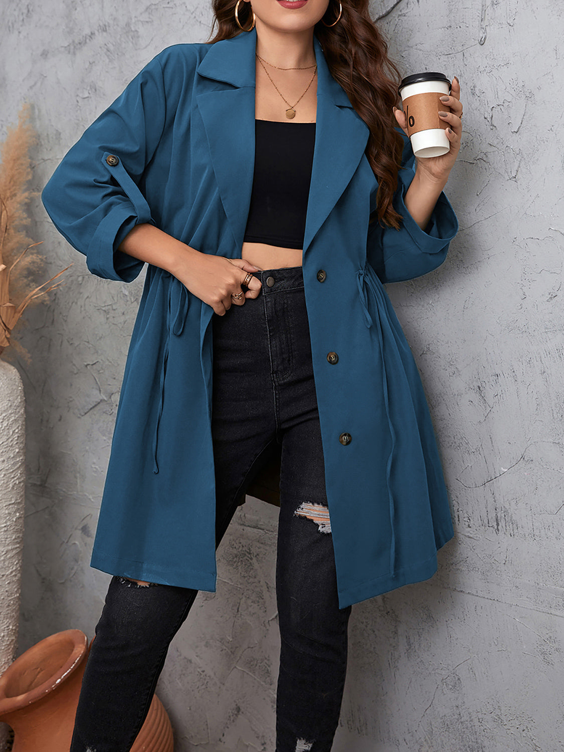 Honey Plus Size Lapel Collar Drawstring Roll-Tab Sleeve Trench Coat