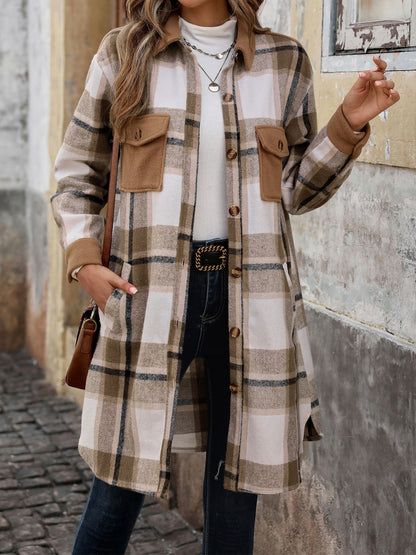 Perfee Plaid Button Up Long Sleeve Coat