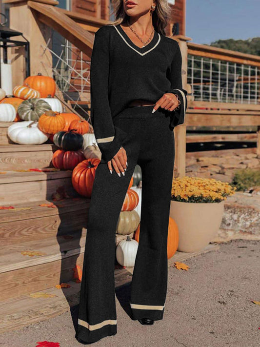 Perfee V-Neck Long Sleeve Top and Pants Set