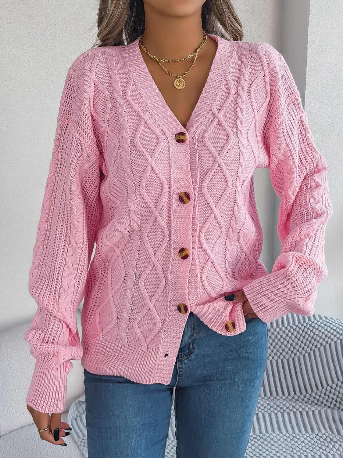 Cable-Knit Long Sleeve Cardigan